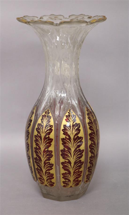 An overlaid etched and gilded glass vase height 35cm